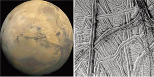 火星上酷似大運河的水手深峽谷與木衛二(Europa)表面冰層上的裂縫與冰脊(取材自NASA)